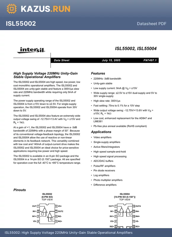 ISL55004IBZ-T7 datasheet - High Supply Voltage 220MHz Unity-Gain Stable Operational Amplifiers