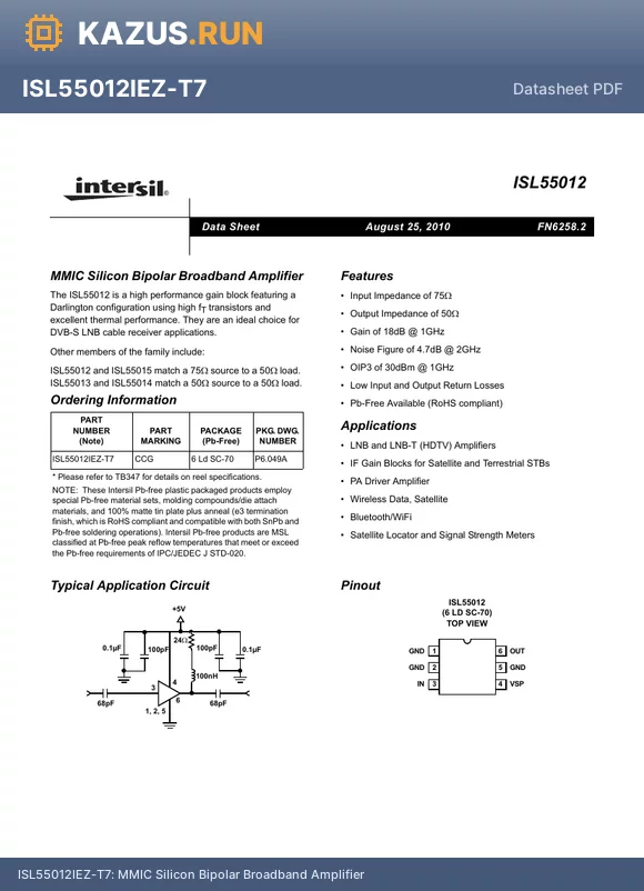 ISL55012 datasheet - MMIC Silicon Bipolar Broadband Amplifier