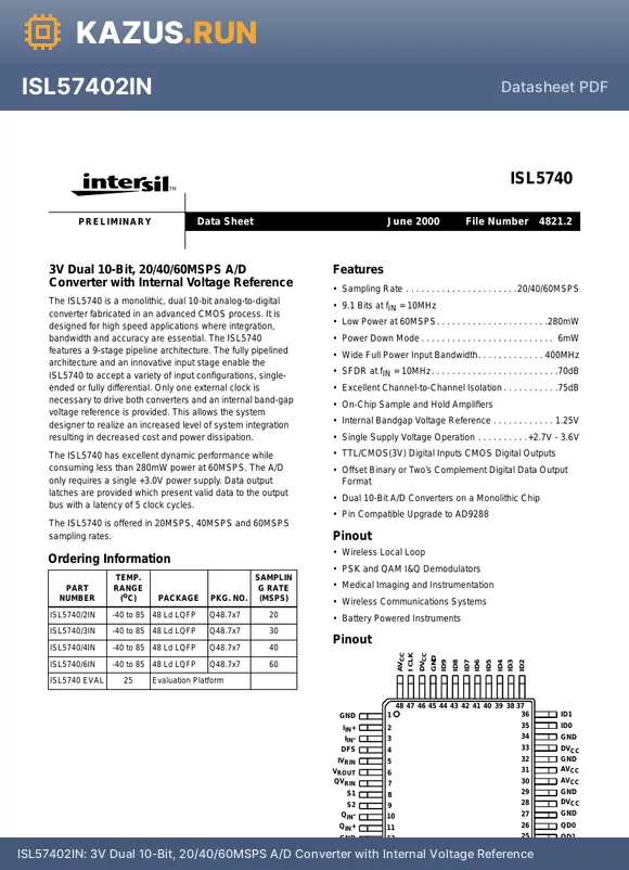 ISL57406IN datasheet - 3V Dual 10-Bit, 20/40/60MSPS A/D Converter with Internal Voltage Reference