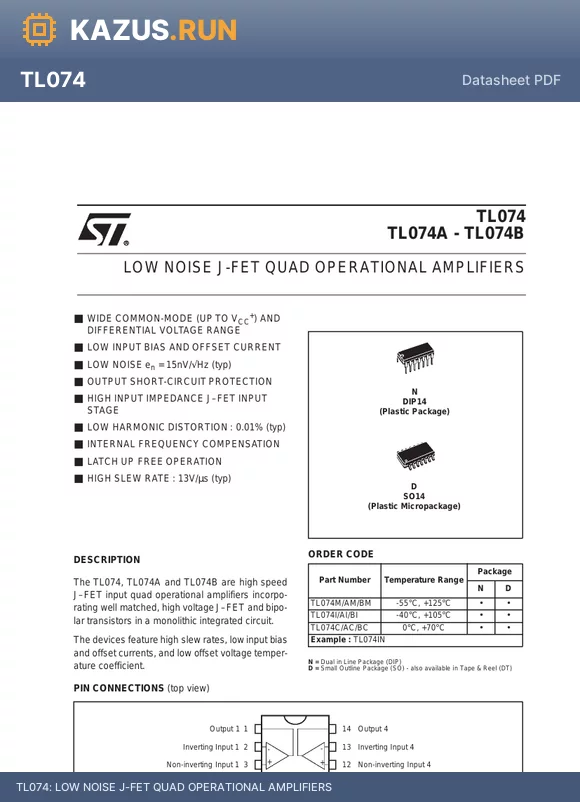 TL074I datasheet - LOW NOISE J-FET QUAD OPERATIONAL AMPLIFIERS