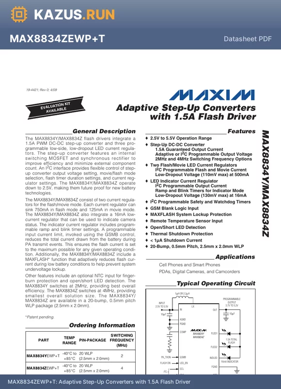 MAX8834Z datasheet - Adaptive Step-Up Converters with 1.5A Flash Driver
