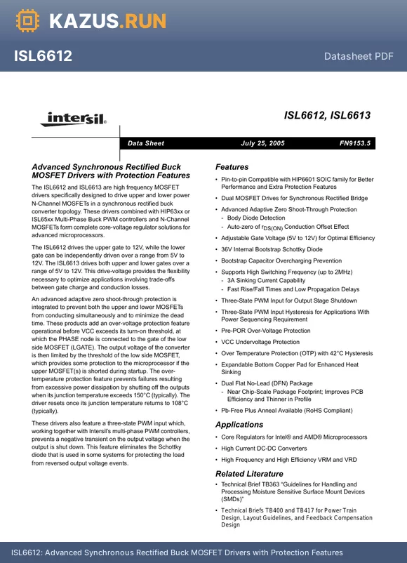ISL6612CBZ datasheet - Advanced Synchronous Rectified Buck MOSFET Drivers with Protection Features