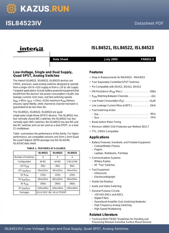 ISL84522IV datasheet - Low-Voltage, Single and Dual Supply, Quad SPST, Analog Switches