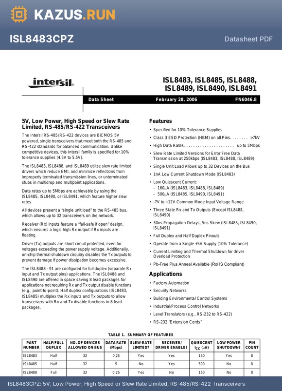 ISL8485CP datasheet - 5V, Low Power, High Speed or Slew Rate Limited, RS-485/RS-422 Transceivers