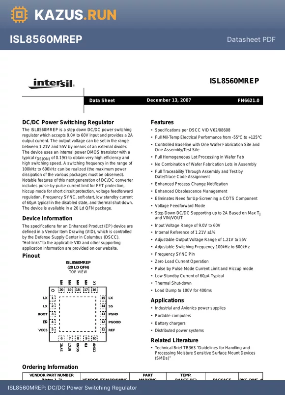 ISL8560MREP datasheet - DC/DC Power Switching Regulator