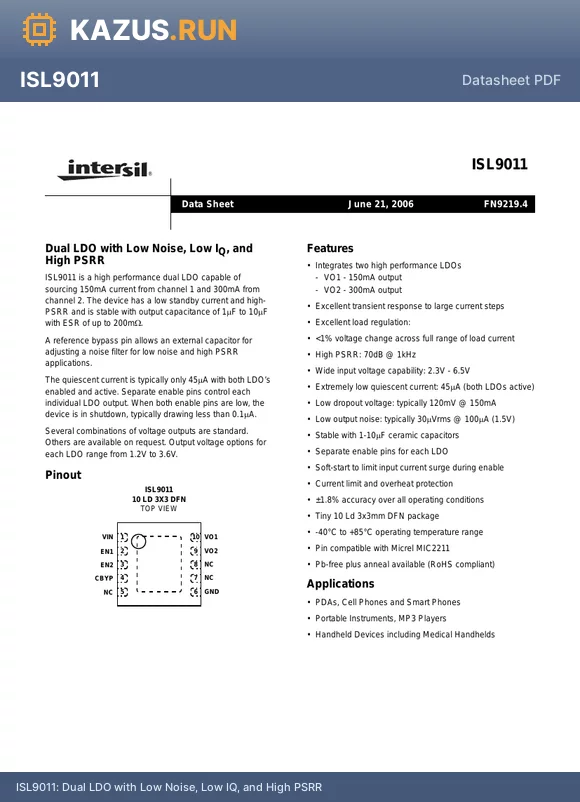 ISL9011IRMMZ datasheet - Dual LDO with Low Noise, Low IQ, and High PSRR