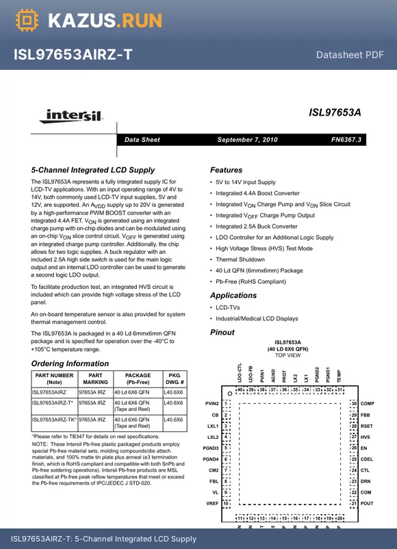ISL97653AIRZ datasheet - 5-Channel Integrated LCD Supply