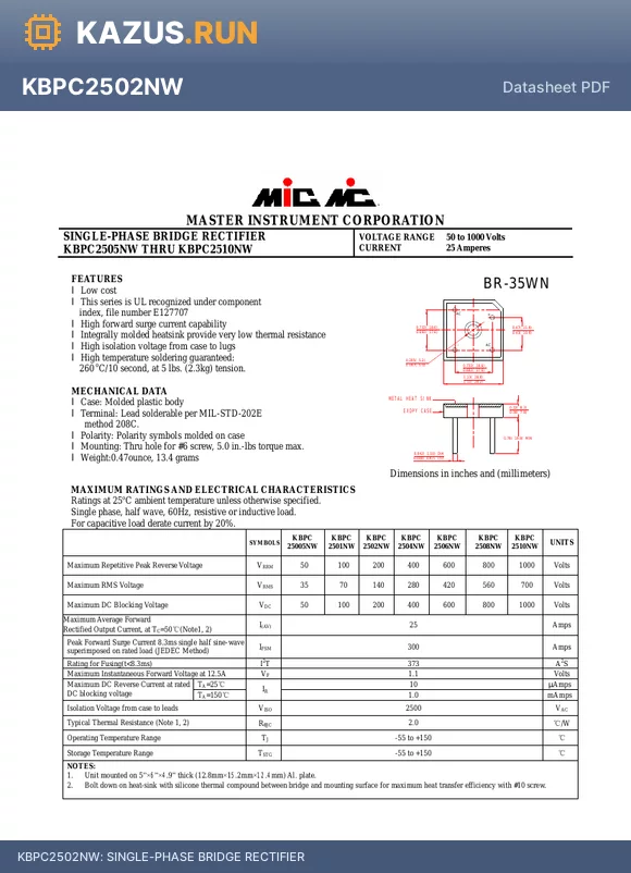 KBPC2501NW datasheet - SINGLE-PHASE BRIDGE RECTIFIER