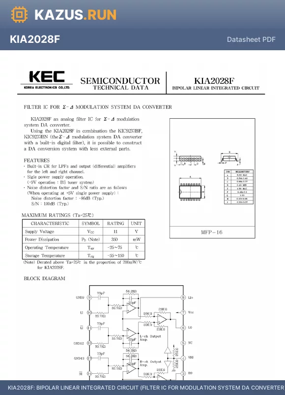 KIA2028 datasheet - BIPOLAR LINEAR INTEGRATED CIRCUIT (FILTER IC FOR MODULATION SYSTEM DA CONVERTER)