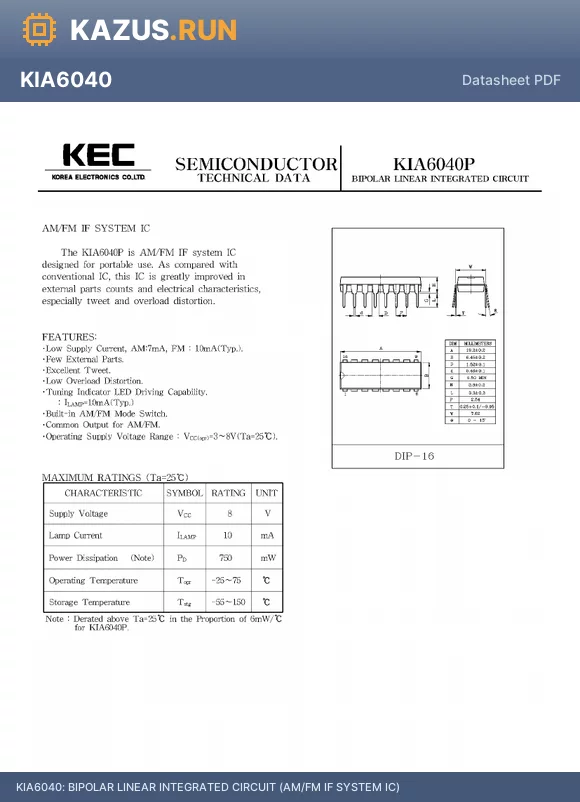 KIA6040P datasheet - BIPOLAR LINEAR INTEGRATED CIRCUIT (AM/FM IF SYSTEM IC)