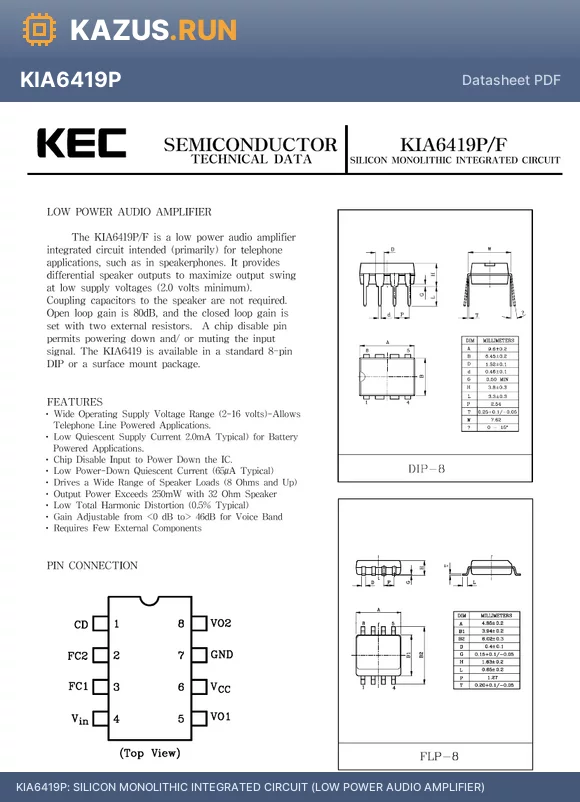 KIA6419 datasheet - SILICON MONOLITHIC INTEGRATED CIRCUIT (LOW POWER AUDIO AMPLIFIER)