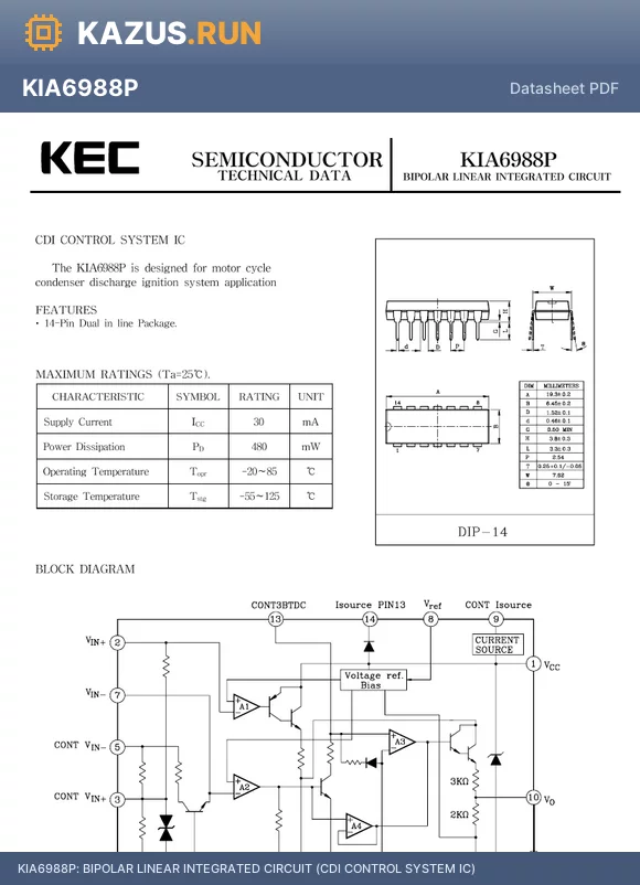 KIA6988P datasheet - BIPOLAR LINEAR INTEGRATED CIRCUIT (CDI CONTROL SYSTEM IC)
