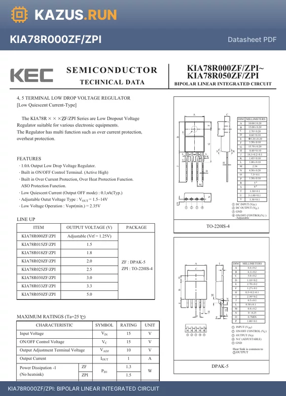 KIA78R020ZF/ZPI datasheet - BIPOLAR LINEAR INTEGRATED CIRCUIT