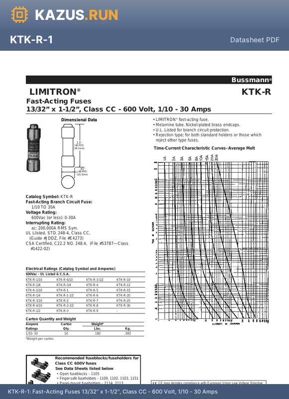 KTK-R datasheet - Fast-Acting Fuses 13/32 x 1-1/2, Class CC - 600 Volt, 1/10 - 30 Amps