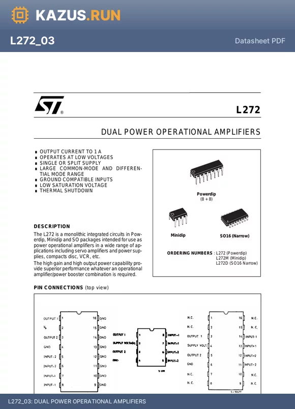 L272 datasheet - DUAL POWER OPERATIONAL AMPLIFIERS