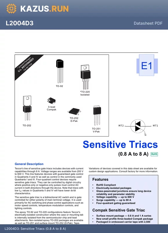 L6006D5 datasheet - Sensitive Triacs (0.8 A to 8 A)