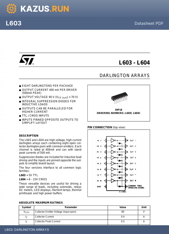 L604C datasheet - DARLINGTON ARRAYS