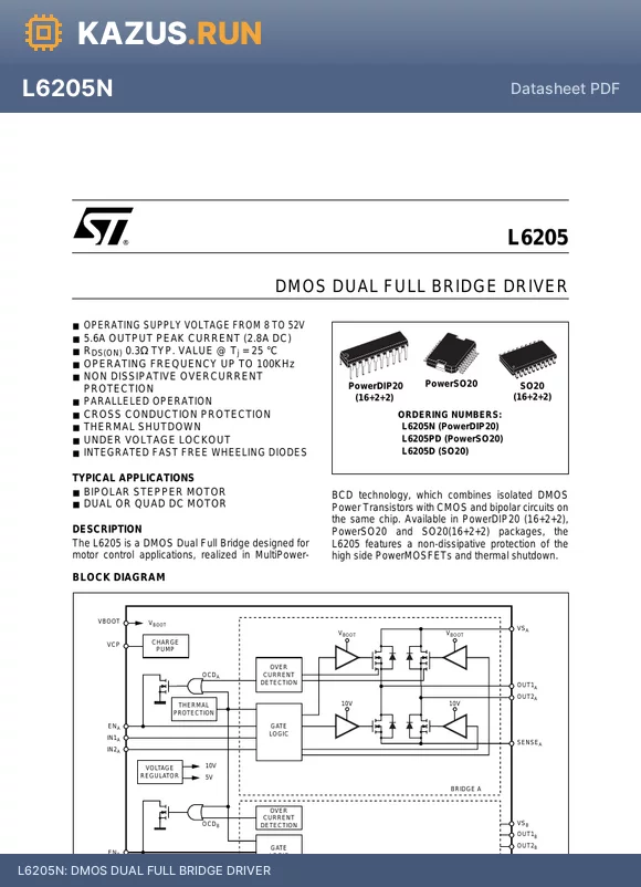 L6205 datasheet - DMOS DUAL FULL BRIDGE DRIVER