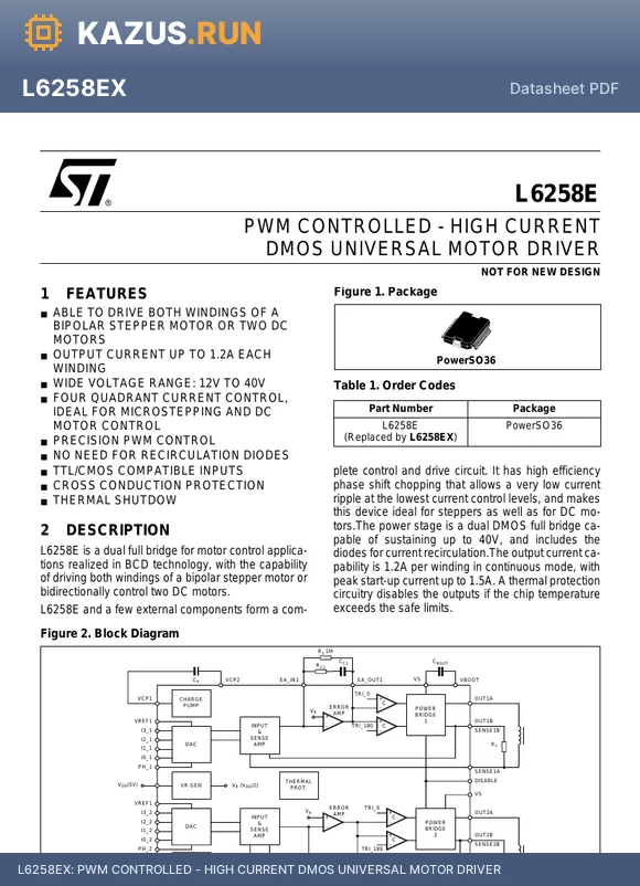 L6258E datasheet - PWM CONTROLLED - HIGH CURRENT DMOS UNIVERSAL MOTOR DRIVER