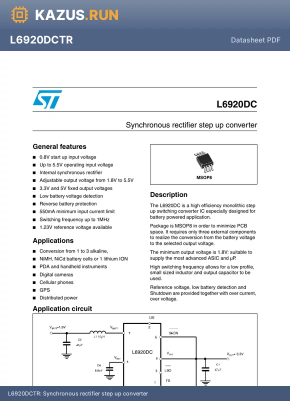 L6920DC datasheet - Synchronous rectifier step up converter