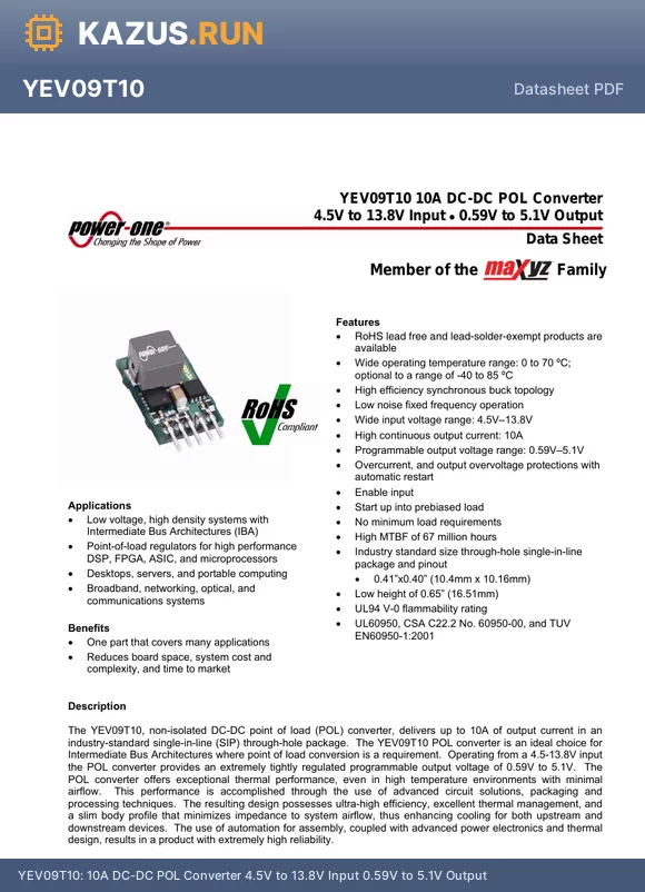 YEV09T10-R datasheet - 10A DC-DC POL Converter 4.5V to 13.8V Input 0.59V to 5.1V Output
