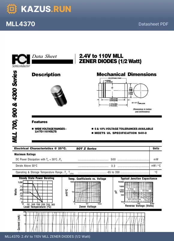 MLL748 datasheet - 2.4V to 110V MLL ZENER DIODES (1/2 Watt)