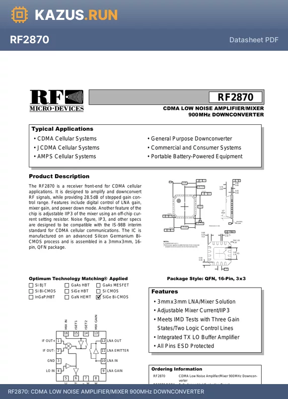 RF2870 datasheet - CDMA LOW NOISE AMPLIFIER/MIXER 900MHz DOWNCONVERTER