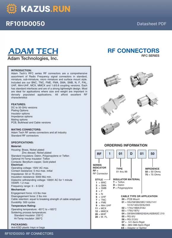 RF299DAS75 datasheet - RF CONNECTORS