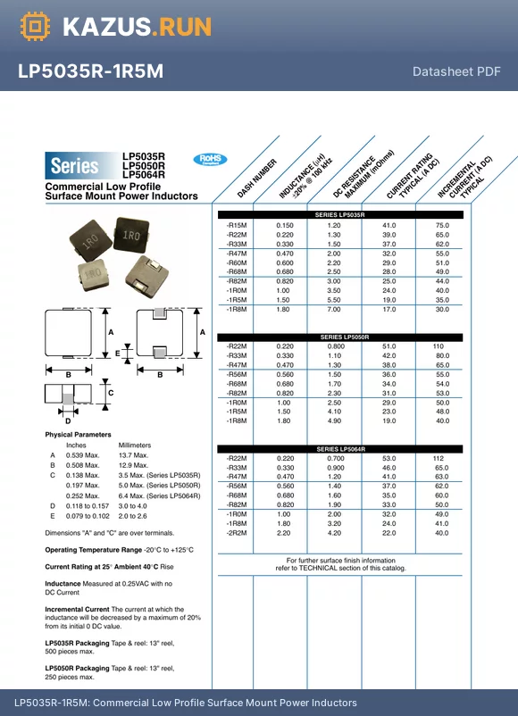 LP5035R-R22M datasheet - Commercial Low Profile Surface Mount Power Inductors