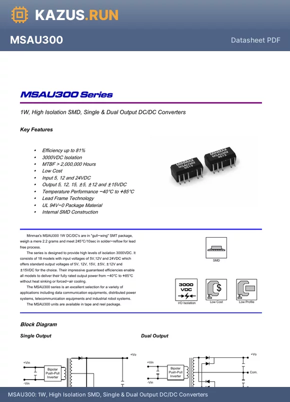 MSAU323 datasheet - 1W, High Isolation SMD, Single & Dual Output DC/DC Converters
