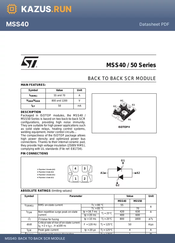 MSS50 datasheet - BACK TO BACK SCR MODULE