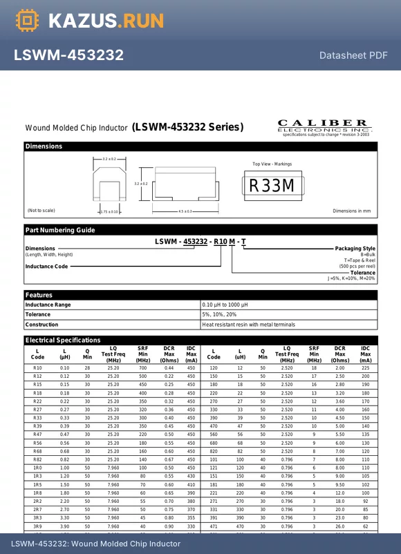 LSWM-453232-R82K-B datasheet - Wound Molded Chip Inductor