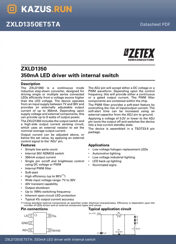 ZXLD1350ET5TA datasheet - 350mA LED driver with internal switch