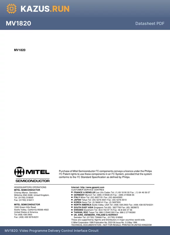 MV1820CG datasheet - Video Programme Delivery Control Interface Circuit