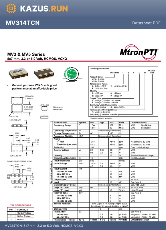 MV526VCN datasheet - 5x7 mm, 3.3 or 5.0 Volt, HCMOS, VCXO