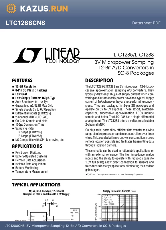 LTC1285CN8 datasheet - 3V Micropower Sampling 12-Bit A/D Converters in SO-8 Packages