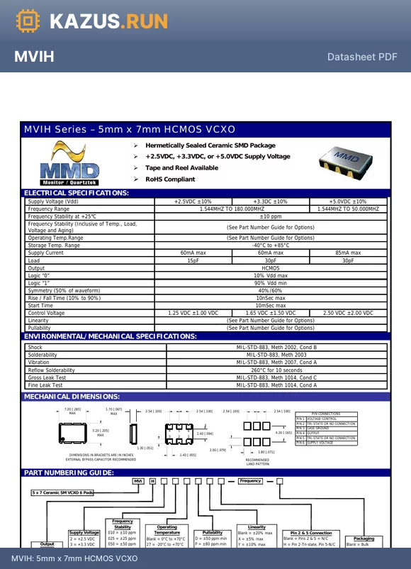 MVIH3025D datasheet - 5mm x 7mm HCMOS VCXO
