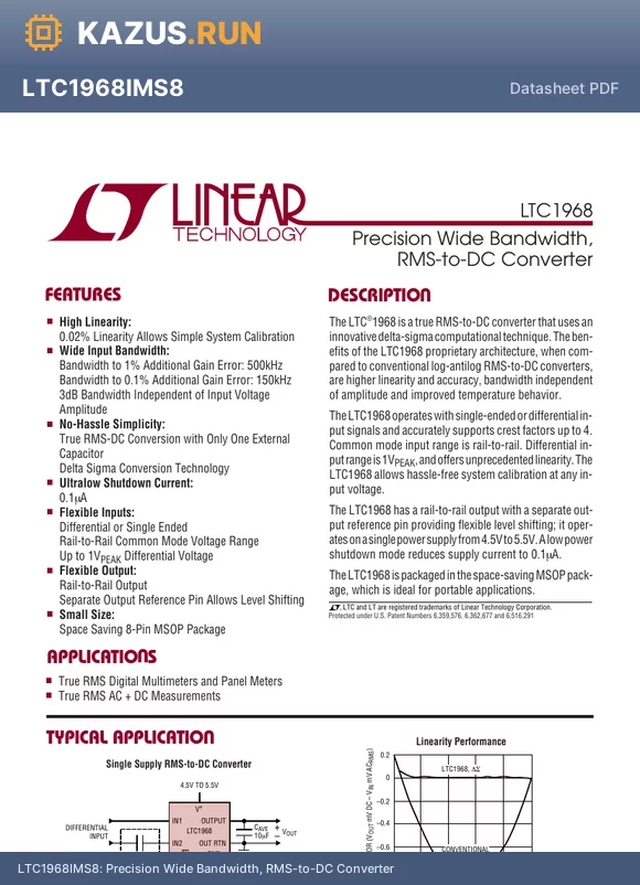 LTC1968 datasheet - Precision Wide Bandwidth, RMS-to-DC Converter