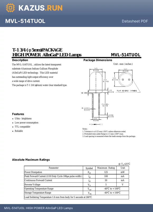 MVL-514TUOL datasheet - HIGH POWER AllnGaP LED Lamps