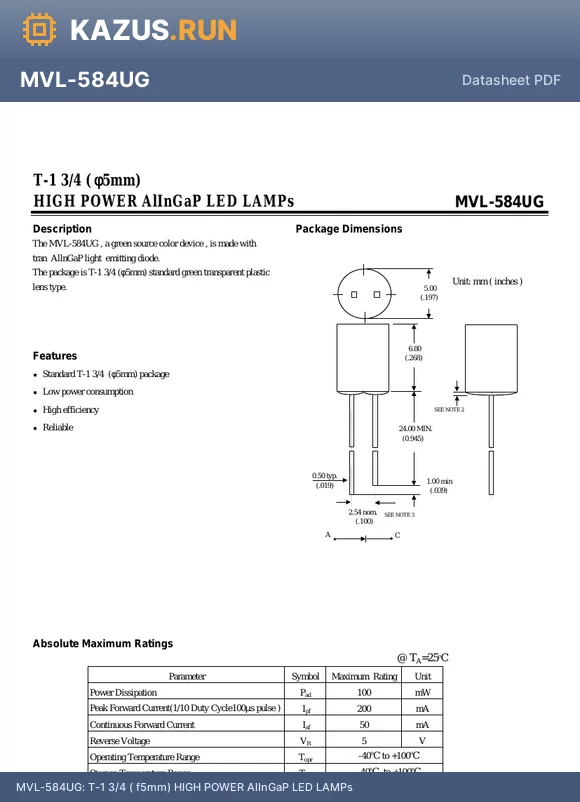 MVL-584UG datasheet - T-1 3/4 ( f5mm) HIGH POWER AlInGaP LED LAMPs