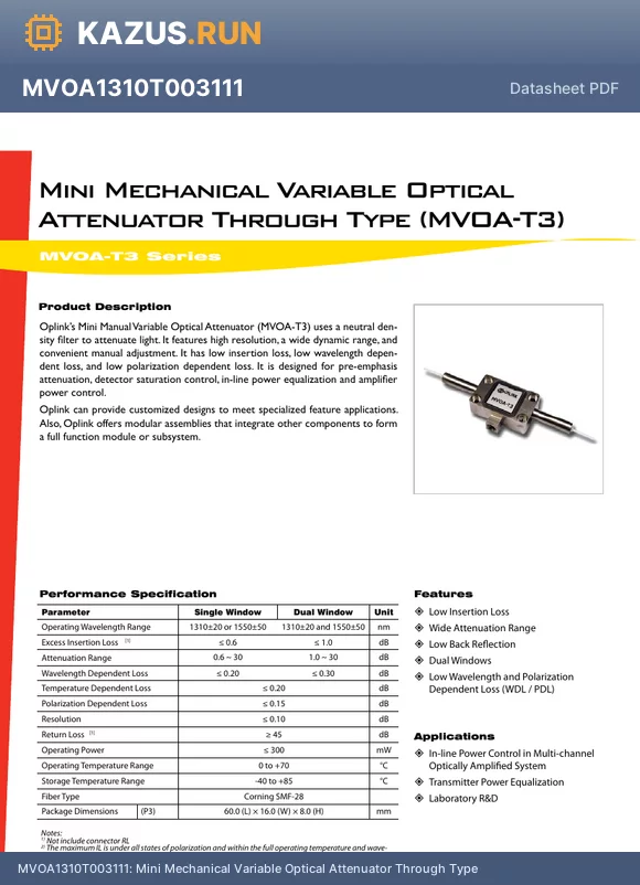 MVOA1550T0033H5 datasheet - Mini Mechanical Variable Optical Attenuator Through Type