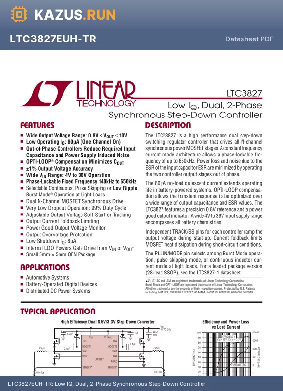 LTC3827 datasheet - Low IQ, Dual, 2-Phase Synchronous Step-Down Controller