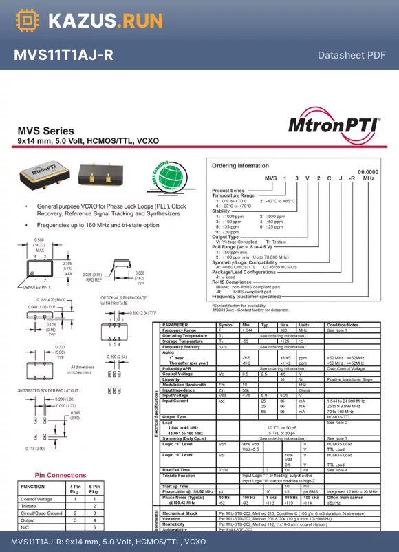 MVS24V1AJ-R datasheet - 9x14 mm, 5.0 Volt, HCMOS/TTL, VCXO
