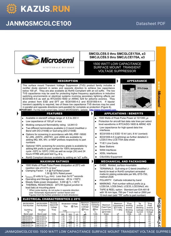 MVSMCJLCE45 datasheet - 1500 WATT LOW CAPACITANCE SURFACE MOUNT TRANSIENT VOLTAGE SUPPRESSOR