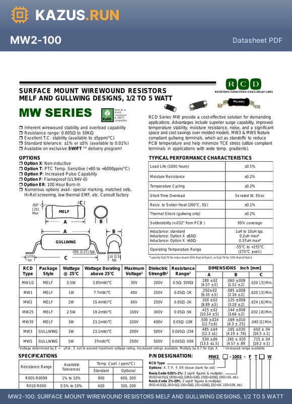 MW2F-R010 datasheet - SURFACE MOUNT WIREWOUND RESISTORS MELF AND GULLWING DESIGNS, 1/2 TO 5 WATT