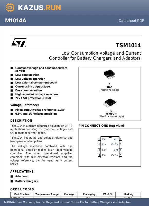 M1014 datasheet - Low Consumption Voltage and Current Controller for Battery Chargers and Adaptors