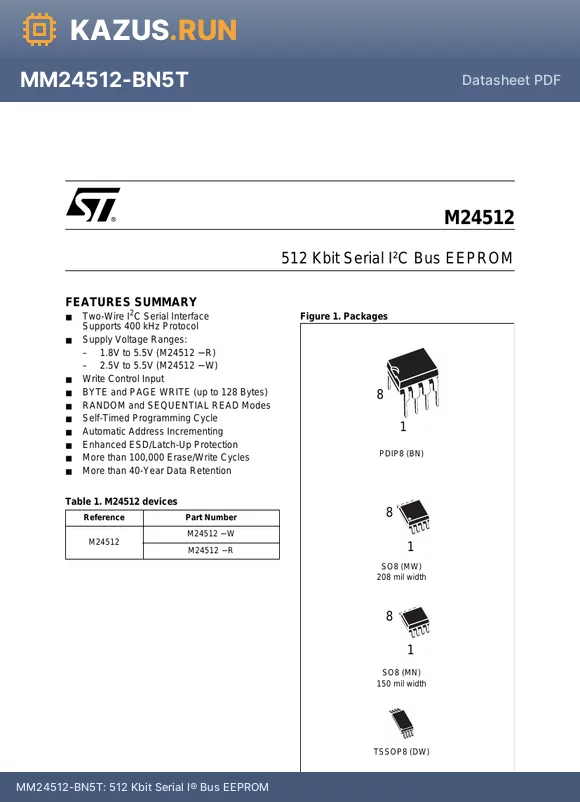M24512-RMW6T datasheet - 512 Kbit Serial I^ Bus EEPROM