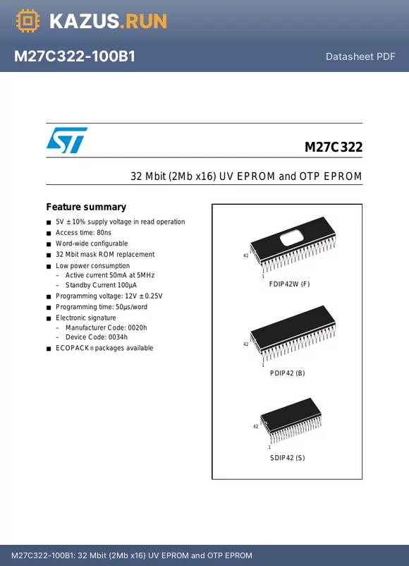 M27C322 datasheet - 32 Mbit (2Mb x16) UV EPROM and OTP EPROM