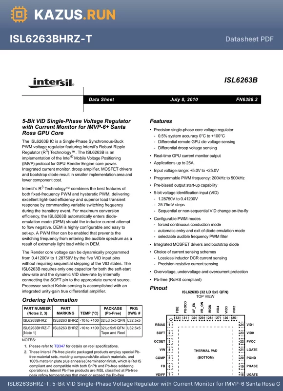 ISL6263BHRZ datasheet - 5-Bit VID Single-Phase Voltage Regulator with Current Monitor for IMVP-6 Santa Rosa GPU Core