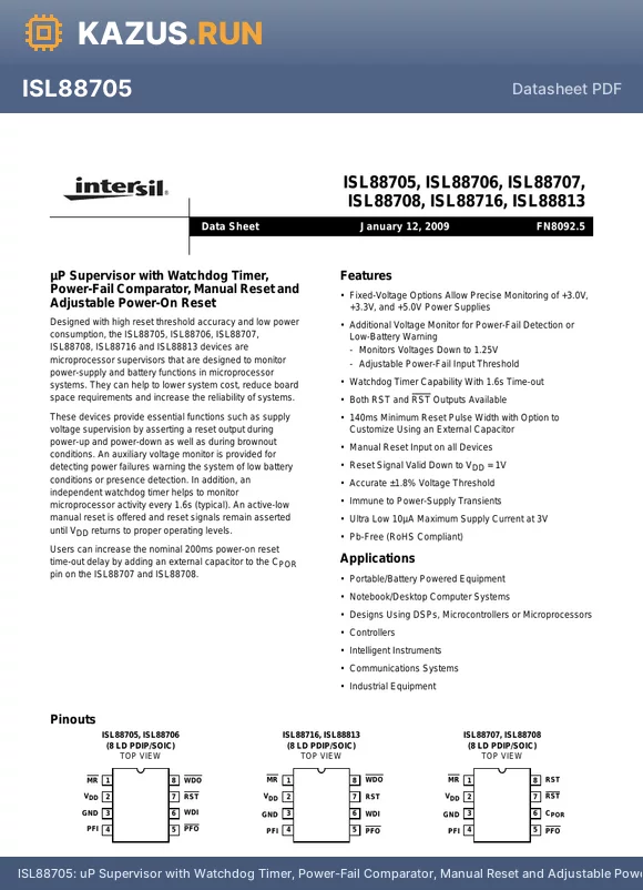 ISL88708IP829Z datasheet - uP Supervisor with Watchdog Timer, Power-Fail Comparator, Manual Reset and Adjustable Power-On Reset
